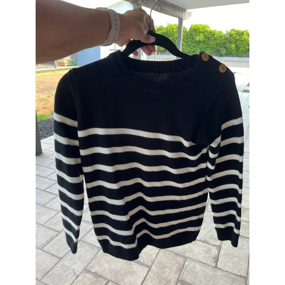 Black White Striped Nautical Preppy Knit Sweater Crew Neck M - Picture 1 of 7